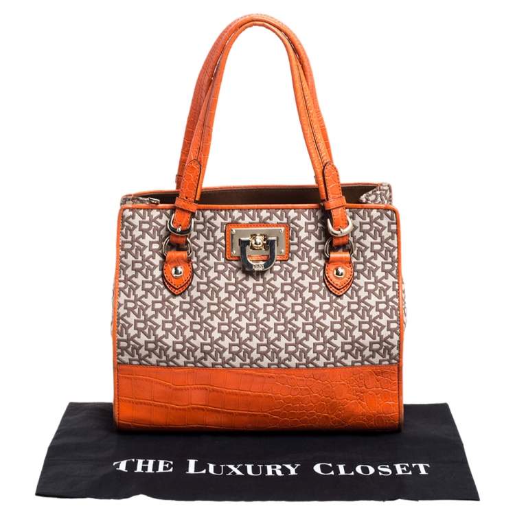 Pre Owned Dkny Orange Croc Embossed Leather and Beige Signature Canvas Tote