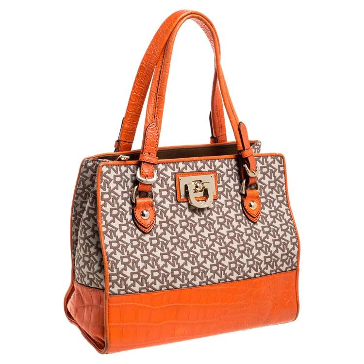 Pre Owned Dkny Orange Croc Embossed Leather and Beige Signature Canvas Tote