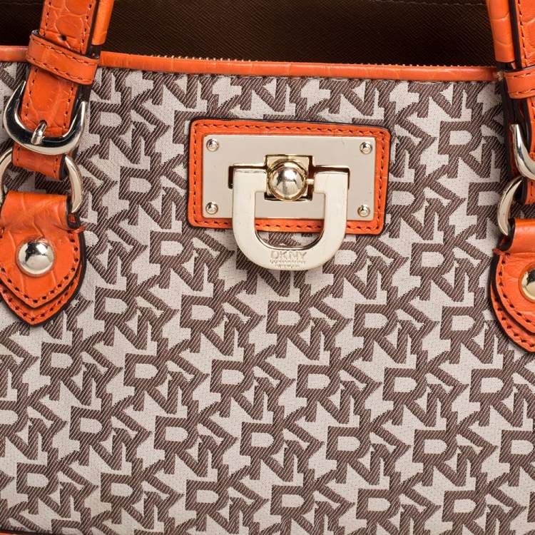 Pre Owned Dkny Orange Croc Embossed Leather and Beige Signature Canvas Tote