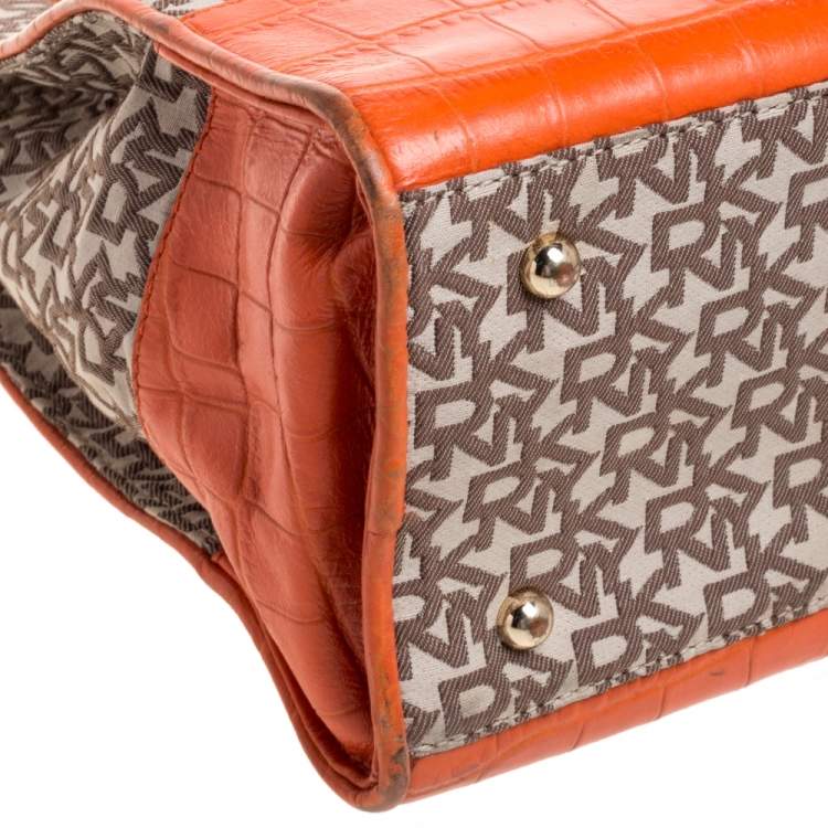 Pre Owned Dkny Orange Croc Embossed Leather and Beige Signature Canvas Tote