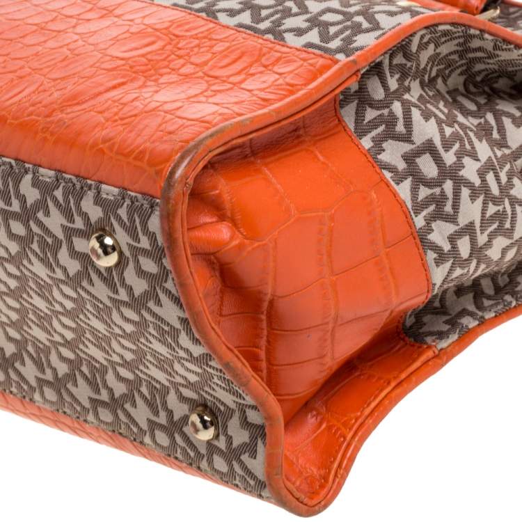 Pre Owned Dkny Orange Croc Embossed Leather and Beige Signature Canvas Tote