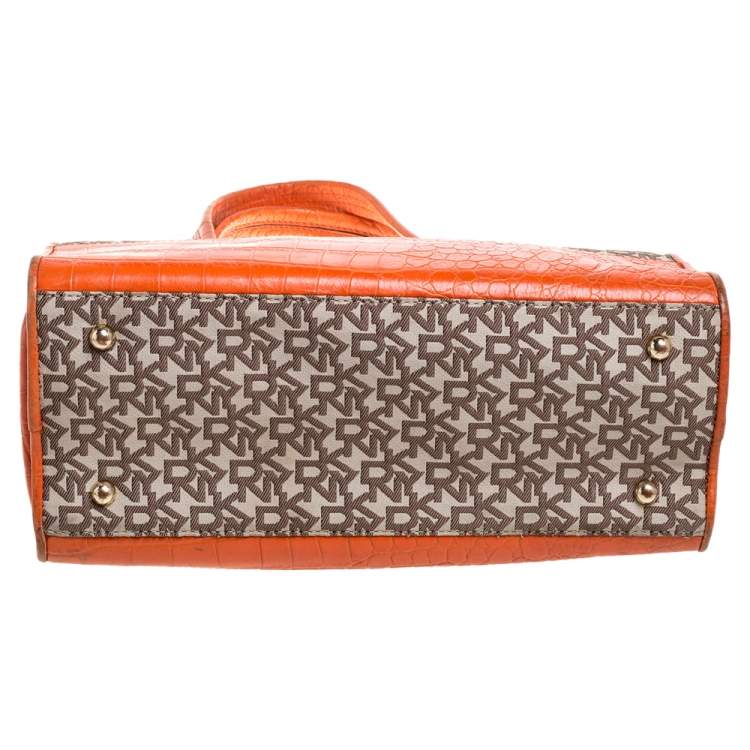 Pre Owned Dkny Orange Croc Embossed Leather and Beige Signature Canvas Tote