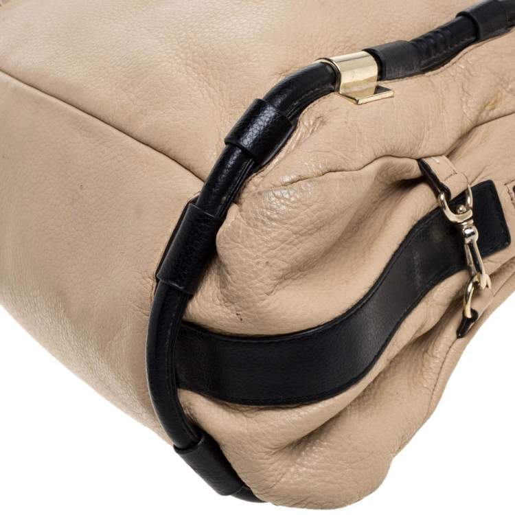 Pre Owned DKNY Beige/Black Leather Metal Detail Satchel  