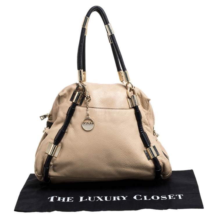 Pre Owned DKNY Beige/Black Leather Metal Detail Satchel  