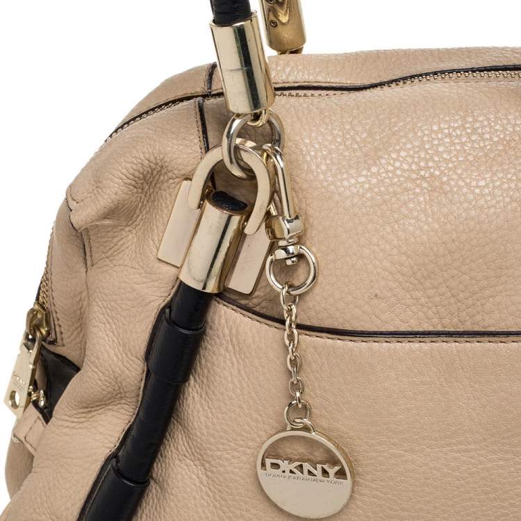 Pre Owned DKNY Beige/Black Leather Metal Detail Satchel  