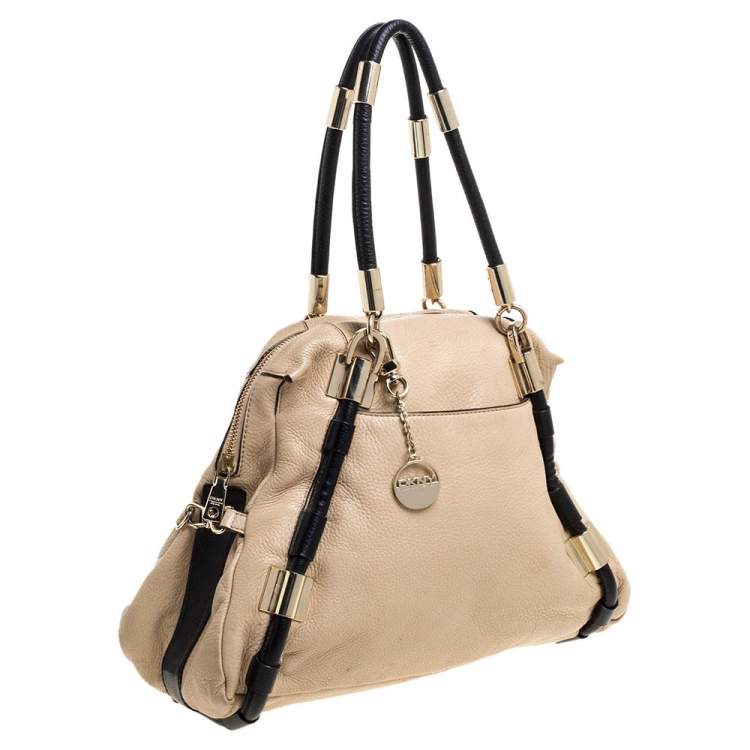 Pre Owned DKNY Beige/Black Leather Metal Detail Satchel  