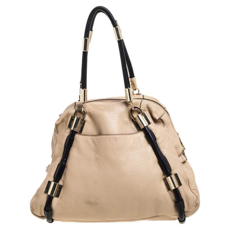 Pre Owned DKNY Beige/Black Leather Metal Detail Satchel  