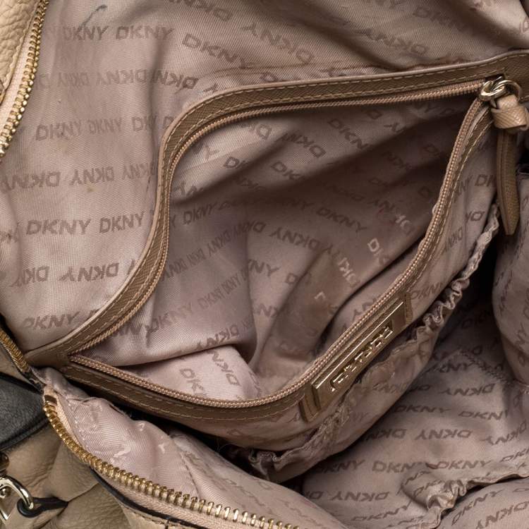 Pre Owned DKNY Beige/Black Leather Metal Detail Satchel  