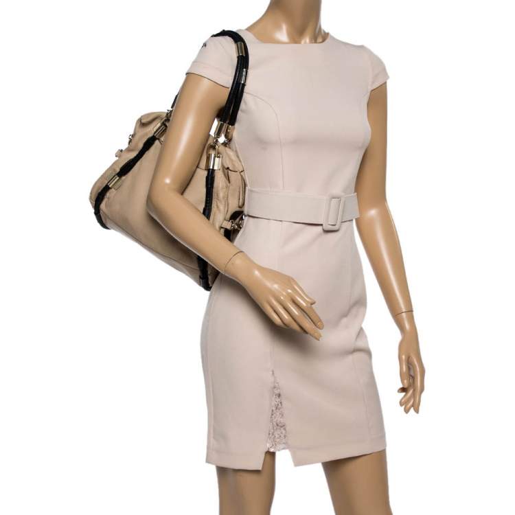 Pre Owned DKNY Beige/Black Leather Metal Detail Satchel  