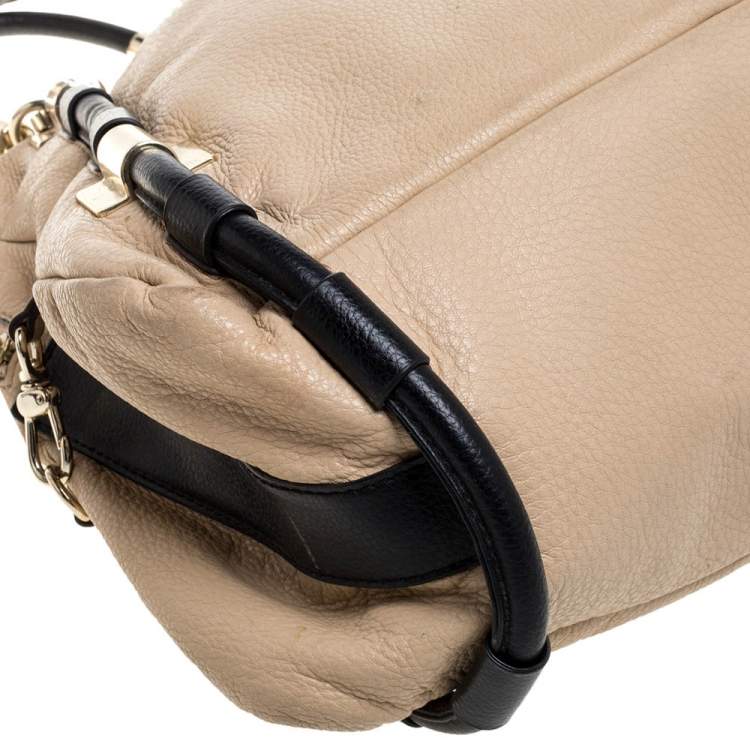 Pre Owned DKNY Beige/Black Leather Metal Detail Satchel  