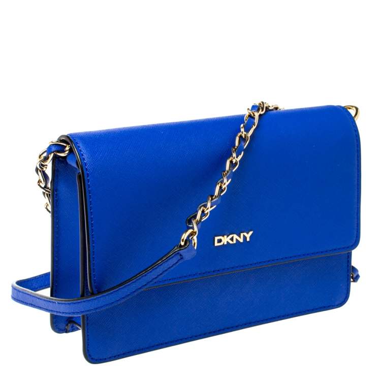Pre Owned DKNY Blue Saffiano Leather Bryant Park Flap Crossbody Bag