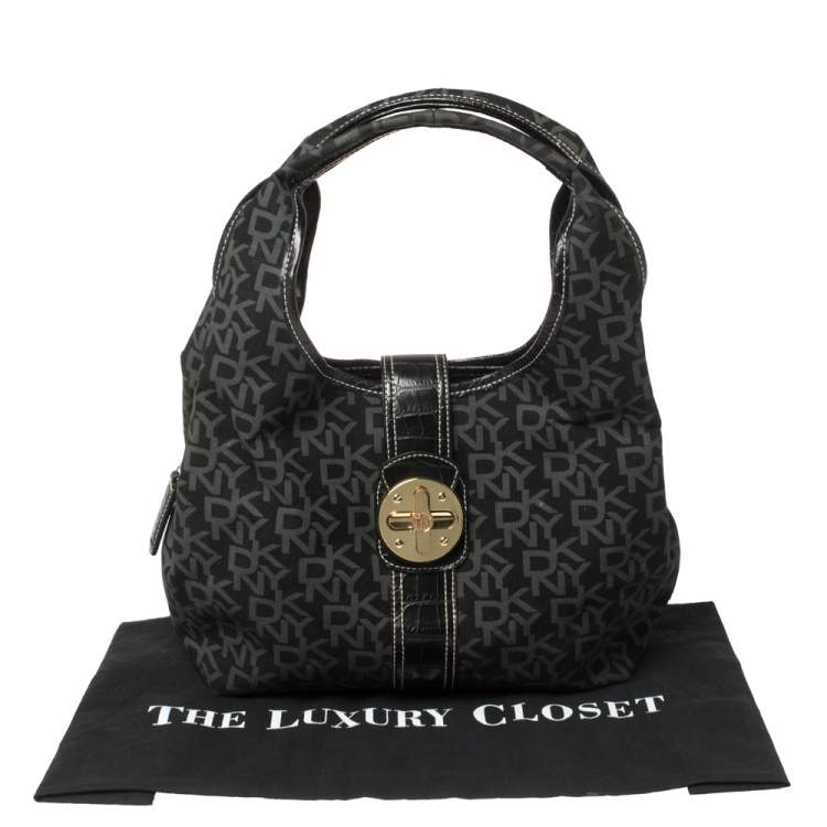 Pre Owned Dkny Black/Grey Signature Canvas and Leather Hobo