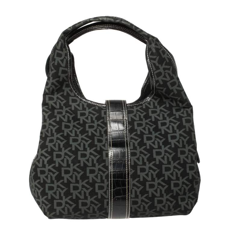 Pre Owned Dkny Black/Grey Signature Canvas and Leather Hobo