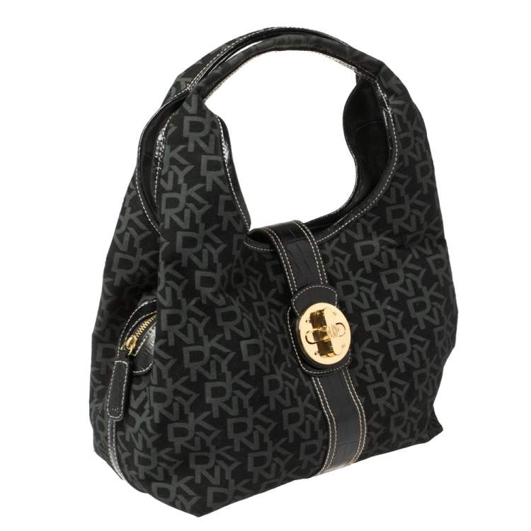 Pre Owned Dkny Black/Grey Signature Canvas and Leather Hobo