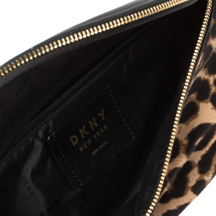 Pre Owned Dkny Black/Brown Leopard Print Leather and Calfhair Belt Bag