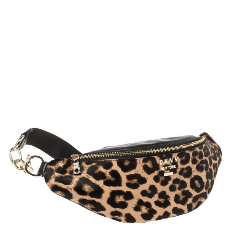 Pre Owned Dkny Black/Brown Leopard Print Leather and Calfhair Belt Bag