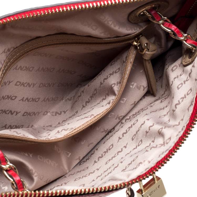 Pre Owned DKNY Red Textured Leather Lock Chain Shoulder Bag