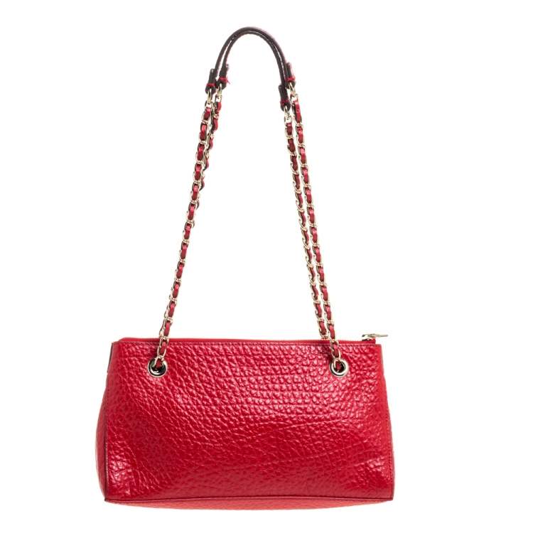Pre Owned DKNY Red Textured Leather Lock Chain Shoulder Bag