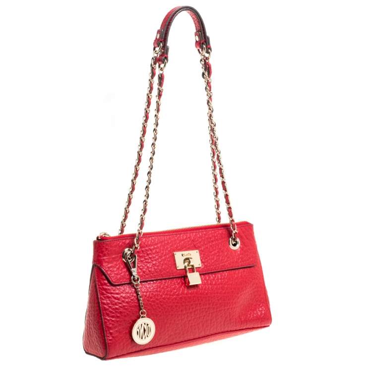 Pre Owned DKNY Red Textured Leather Lock Chain Shoulder Bag