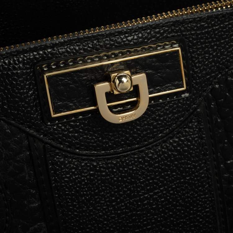 Pre Owned DKNY Black Textured Leather Middle Zip Tote