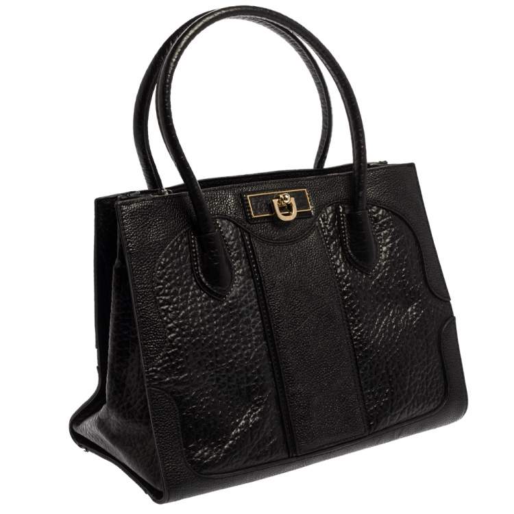 Pre Owned DKNY Black Textured Leather Middle Zip Tote