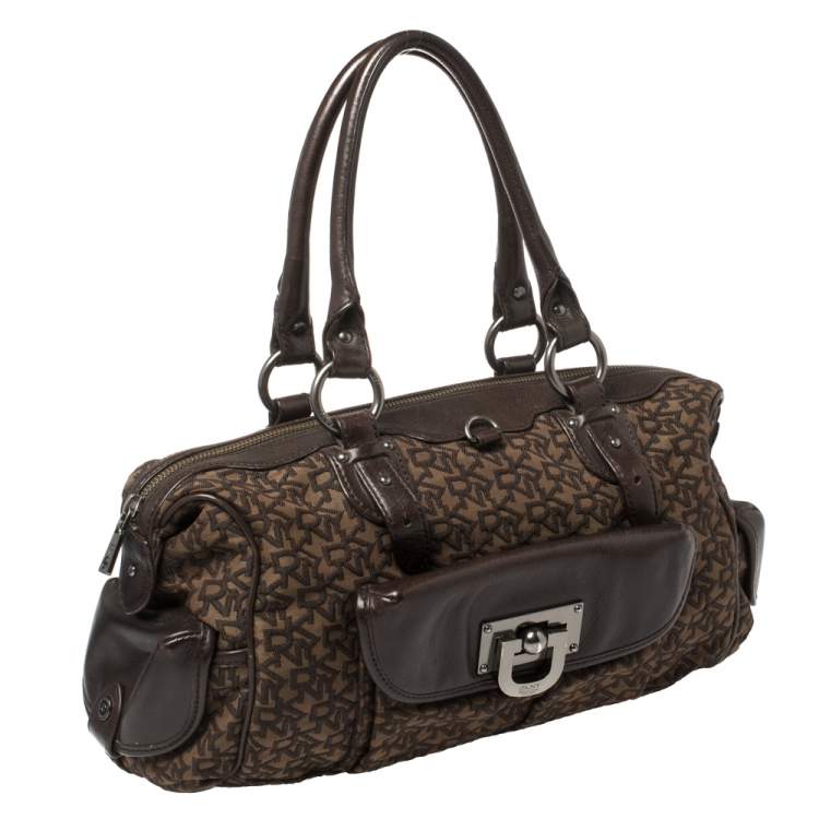 Pre Owned Dkny Brown Signature Canvas and Leather Front Pocket Satchel