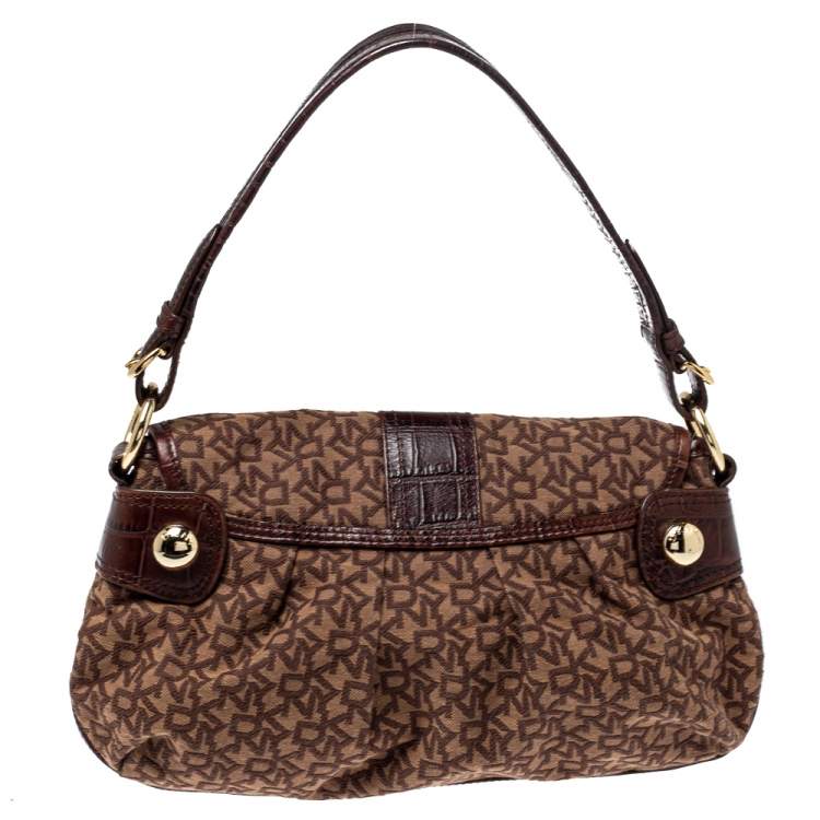 Pre Owned Dkny Brown Signature Canvas and Croc Embossed Leather Push Lock Flap Hobo