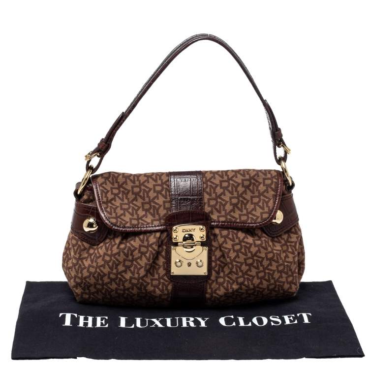 Pre Owned Dkny Brown Signature Canvas and Croc Embossed Leather Push Lock Flap Hobo