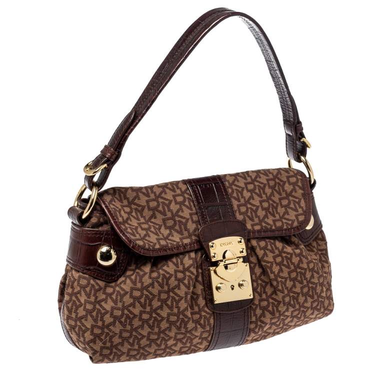 Pre Owned Dkny Brown Signature Canvas and Croc Embossed Leather Push Lock Flap Hobo