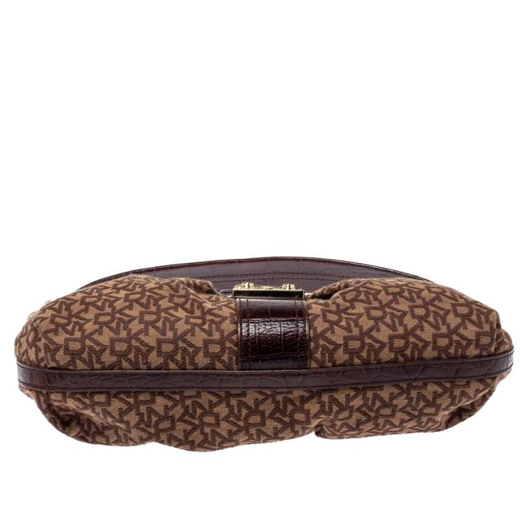 Pre Owned Dkny Brown Signature Canvas and Croc Embossed Leather Push Lock Flap Hobo