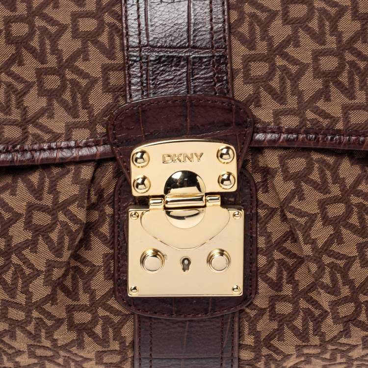 Pre Owned Dkny Brown Signature Canvas and Croc Embossed Leather Push Lock Flap Hobo