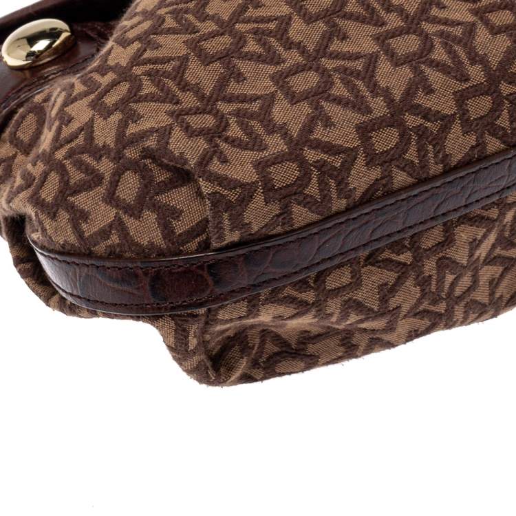 Pre Owned Dkny Brown Signature Canvas and Croc Embossed Leather Push Lock Flap Hobo