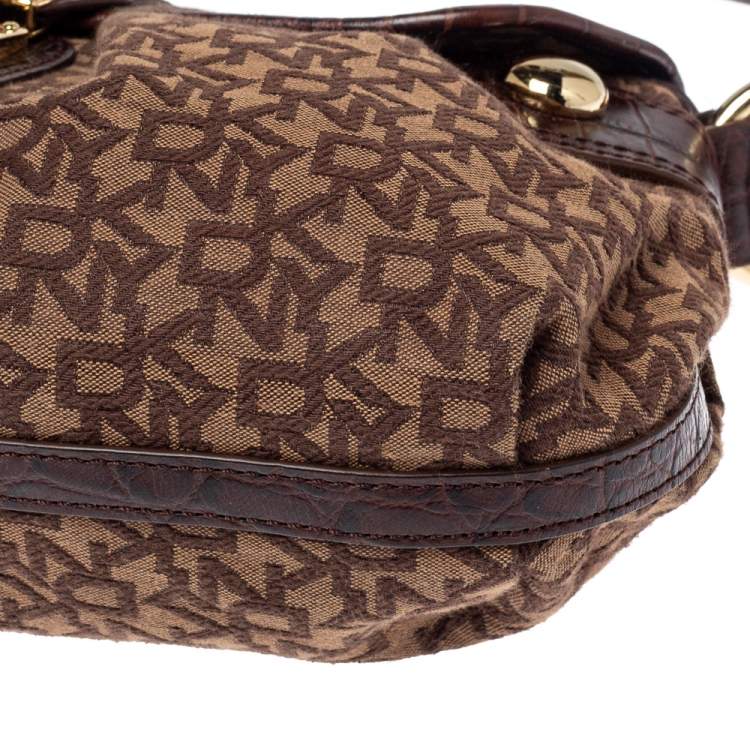 Pre Owned Dkny Brown Signature Canvas and Croc Embossed Leather Push Lock Flap Hobo