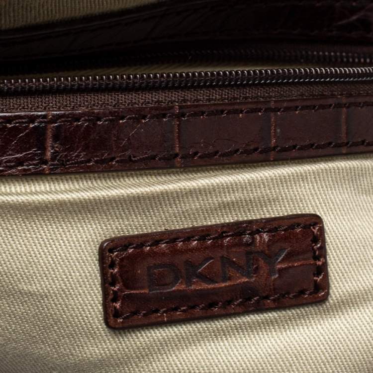 Pre Owned Dkny Brown Signature Canvas and Croc Embossed Leather Push Lock Flap Hobo