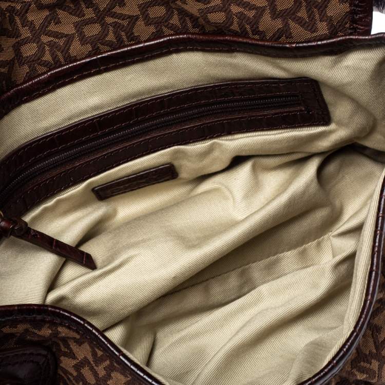 Pre Owned Dkny Brown Signature Canvas and Croc Embossed Leather Push Lock Flap Hobo