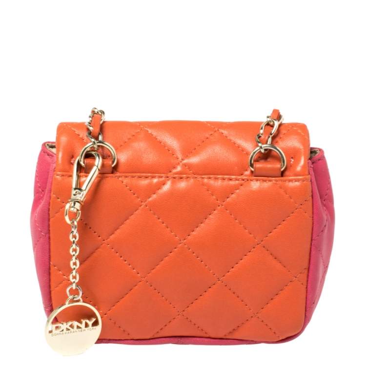 Pre Owned Dkny Orange/Pink Quilted Leather Small Crossbody Bag