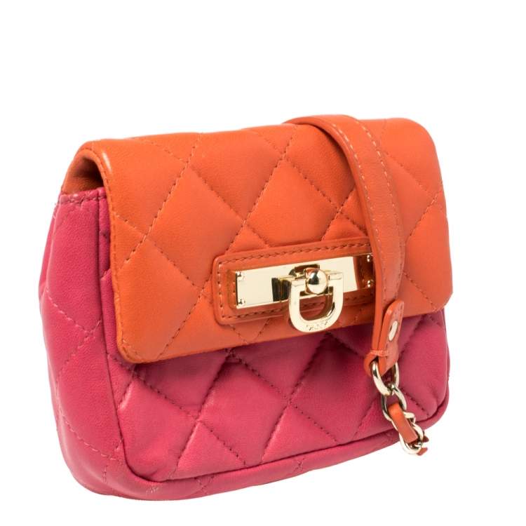 Pre Owned Dkny Orange/Pink Quilted Leather Small Crossbody Bag