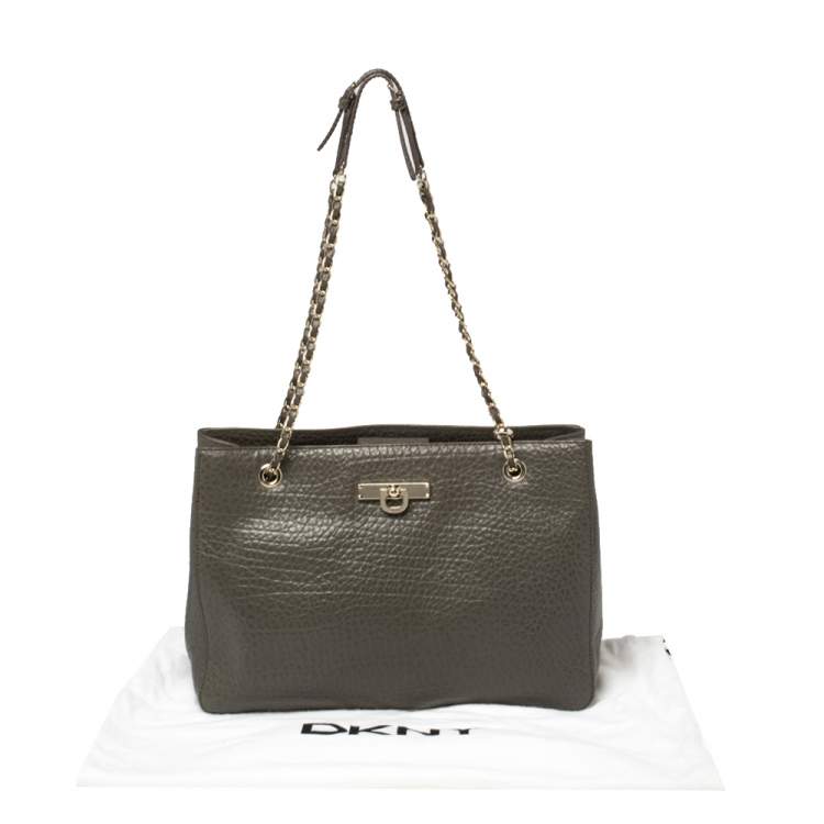 Pre Owned DKNY Dark Grey Leather Chain Handle Tote