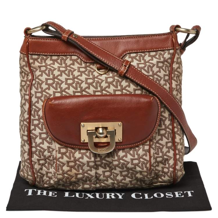 Pre Owned DKNY Brown Signature Canvas and Leather Trim Messenger Bag
