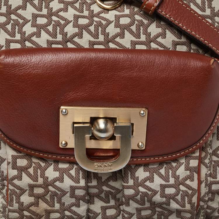 Pre Owned DKNY Brown Signature Canvas and Leather Trim Messenger Bag