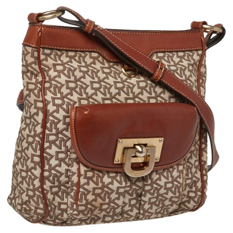 Pre Owned DKNY Brown Signature Canvas and Leather Trim Messenger Bag