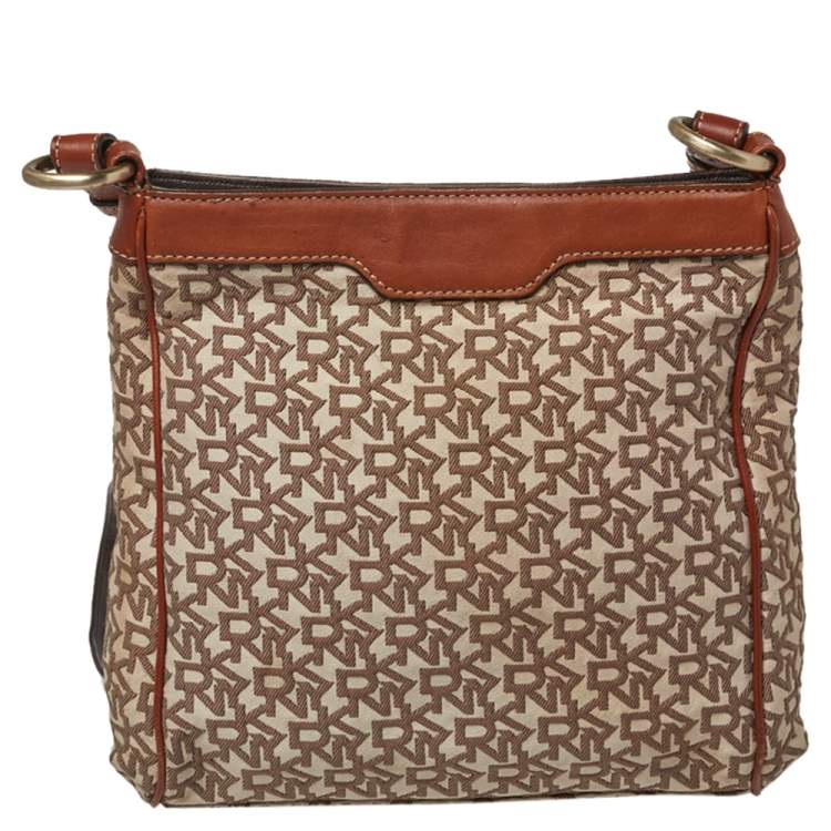 Pre Owned DKNY Brown Signature Canvas and Leather Trim Messenger Bag