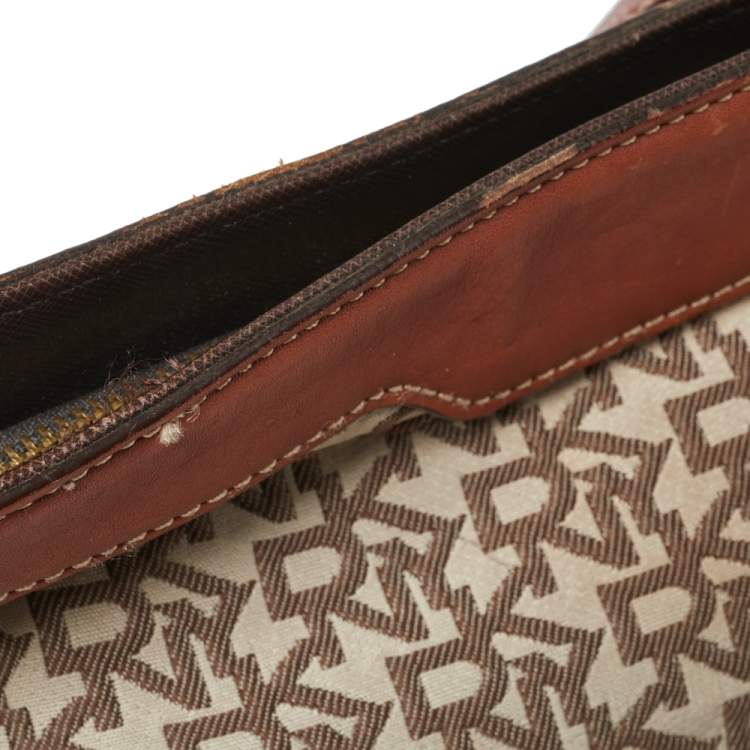 Pre Owned DKNY Brown Signature Canvas and Leather Trim Messenger Bag