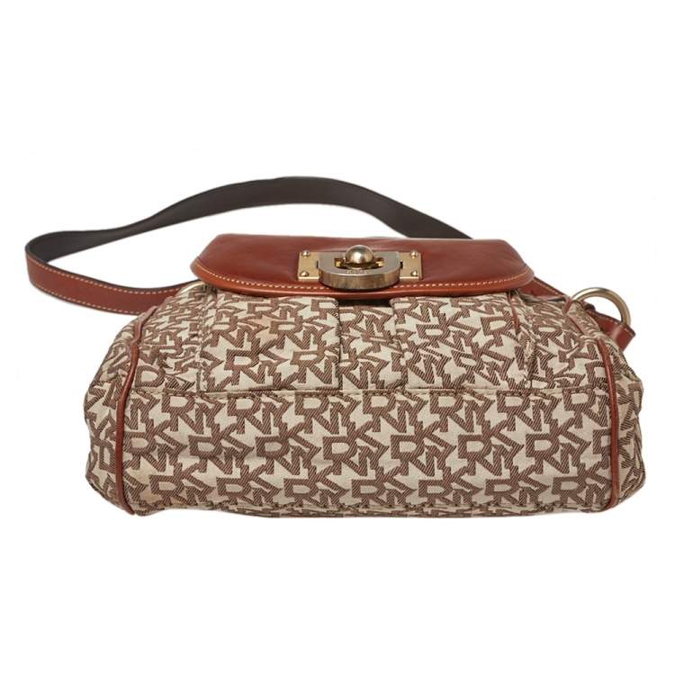 Pre Owned DKNY Brown Signature Canvas and Leather Trim Messenger Bag