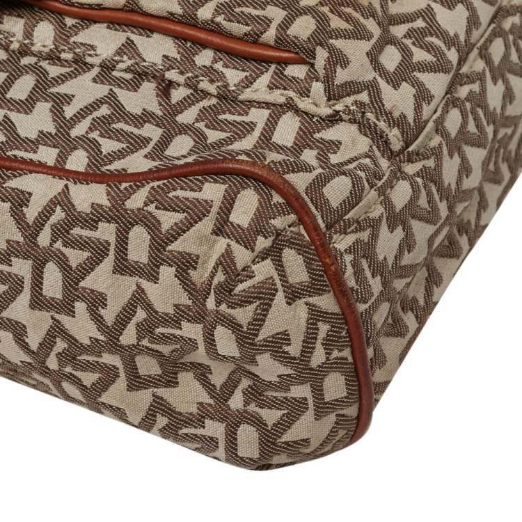 Pre Owned DKNY Brown Signature Canvas and Leather Trim Messenger Bag