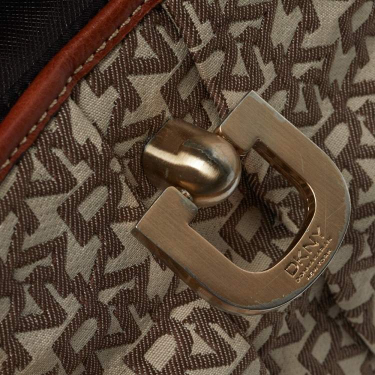 Pre Owned DKNY Brown Signature Canvas and Leather Trim Messenger Bag