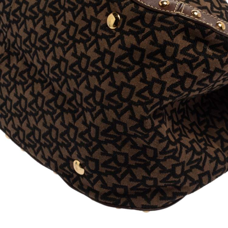 Pre Owned Dkny Brown/Black Signature Canvas and Leather Studded Satchel