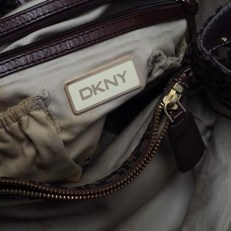 Pre Owned Dkny Brown/Black Signature Canvas and Leather Studded Satchel