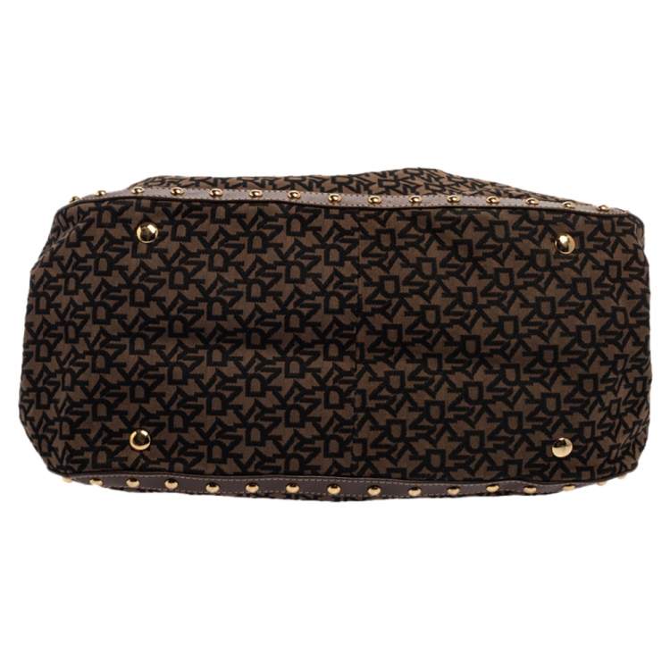 Pre Owned Dkny Brown/Black Signature Canvas and Leather Studded Satchel