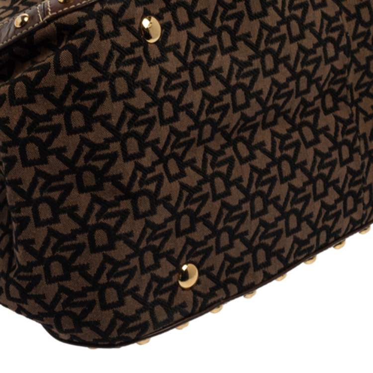 Pre Owned Dkny Brown/Black Signature Canvas and Leather Studded Satchel